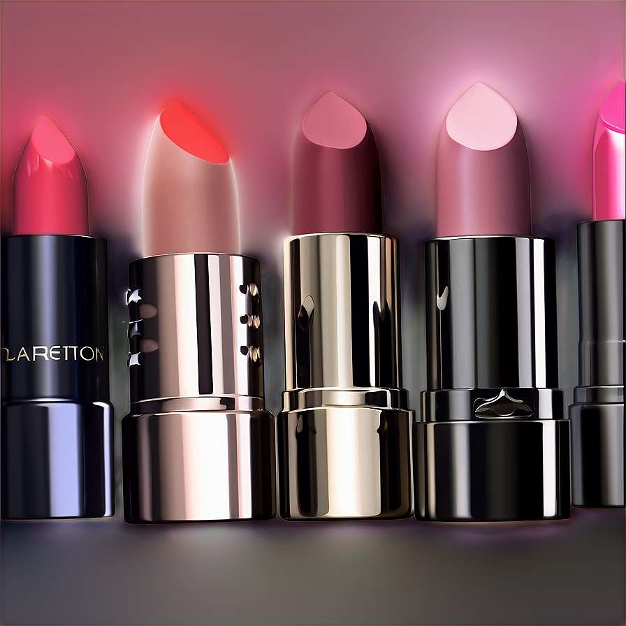 Five high-end lipsticks in various shades arranged in a row with glowing tips and reflective caps. — Cosmetics PNG