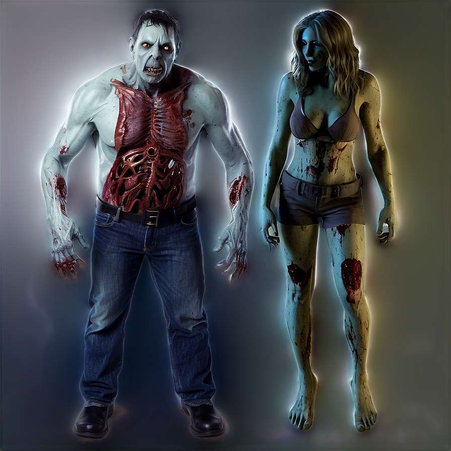 Two bloody zombies with exposed organs and glowing eyes stand in a dark setting. — Costume PNG