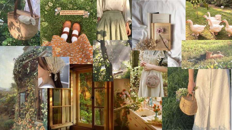 Woman in vintage dress holding basket near geese in sunlit grass. — Cottagecore Background