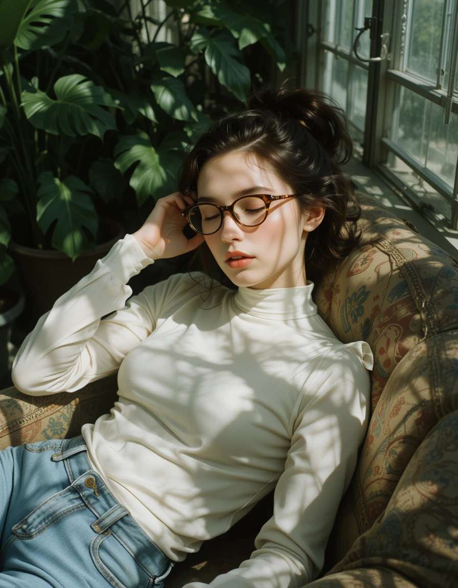 Young woman in glasses relaxing on couch with sunlight and plants — Couch Picture