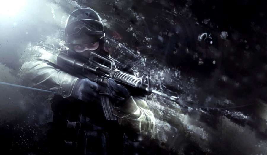 Soldier firing rifle in explosive combat scene — Counter Strike Global Offensive Background