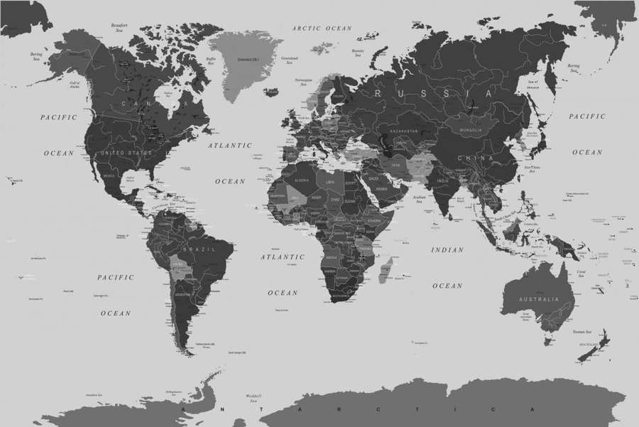 Gray world map showing continents and oceans with country names. — Countries Map Wallpaper