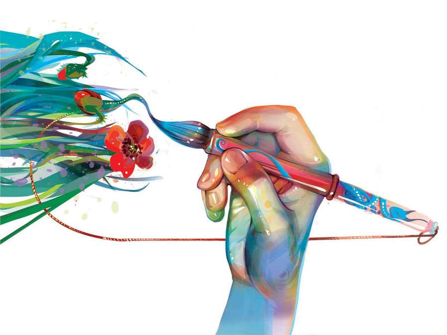 Hand painting colorful flowers and leaves with a brush. — Cover Art Background