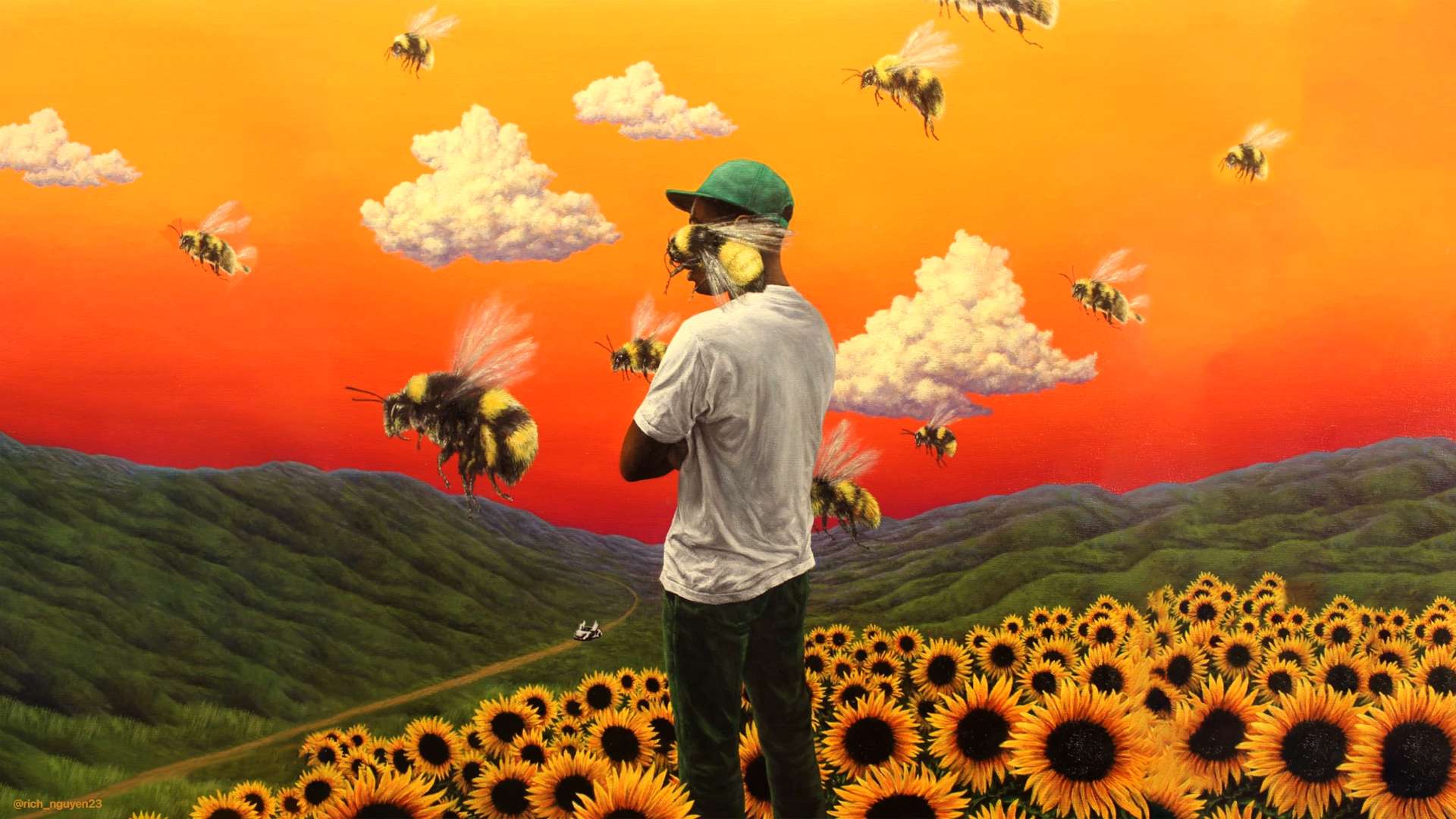 Man in sunflower field with giant bees flying at sunset. — Cover Background