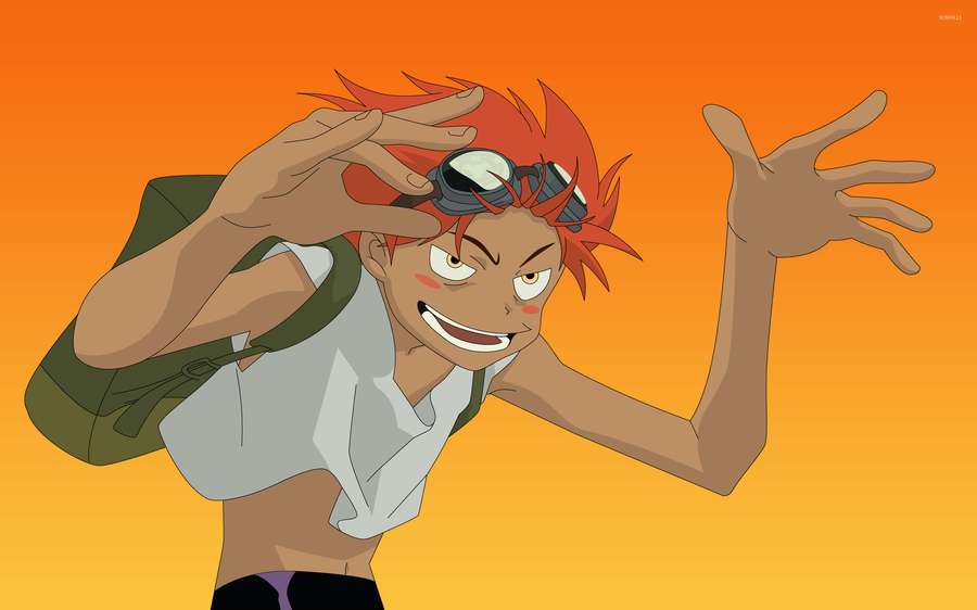 Personaje anime con cabello rojo y gafas protectoras sonriendo enérgicamente contra degradado naranja. — Cowboy Bebop Edward Fondos de pantalla