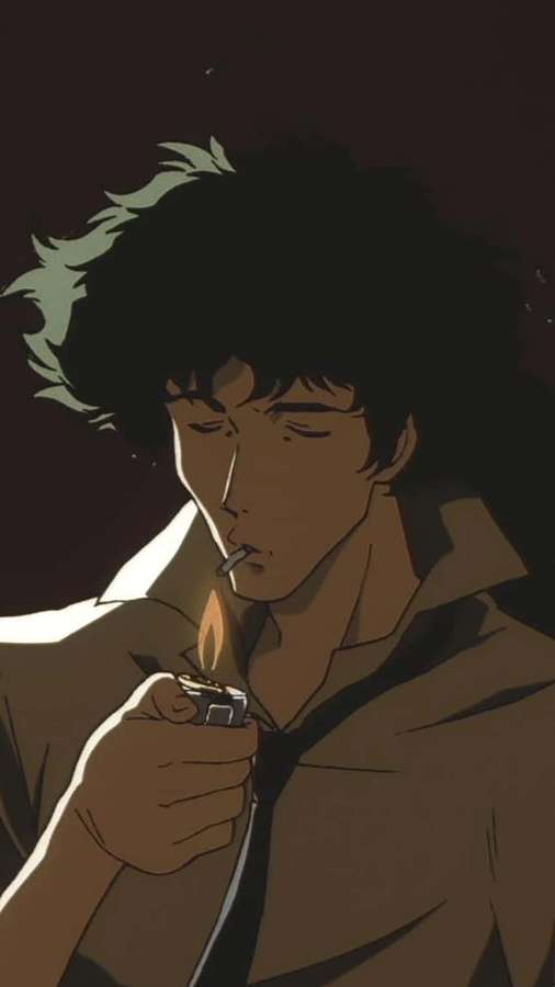 Anime-mies sytyttää savukkeen himmeässä valossa villillä tukalla. — Cowboy Bebop Esteettinen Taustakuvat