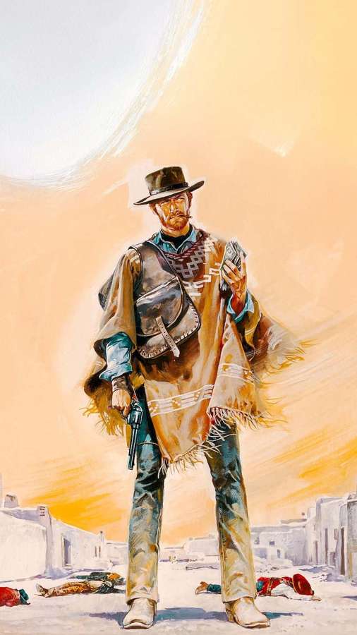 Cowboy holding gun and money with bodies on ground in dusty western town at sunset. — Cowboy iPhone Wallpaper