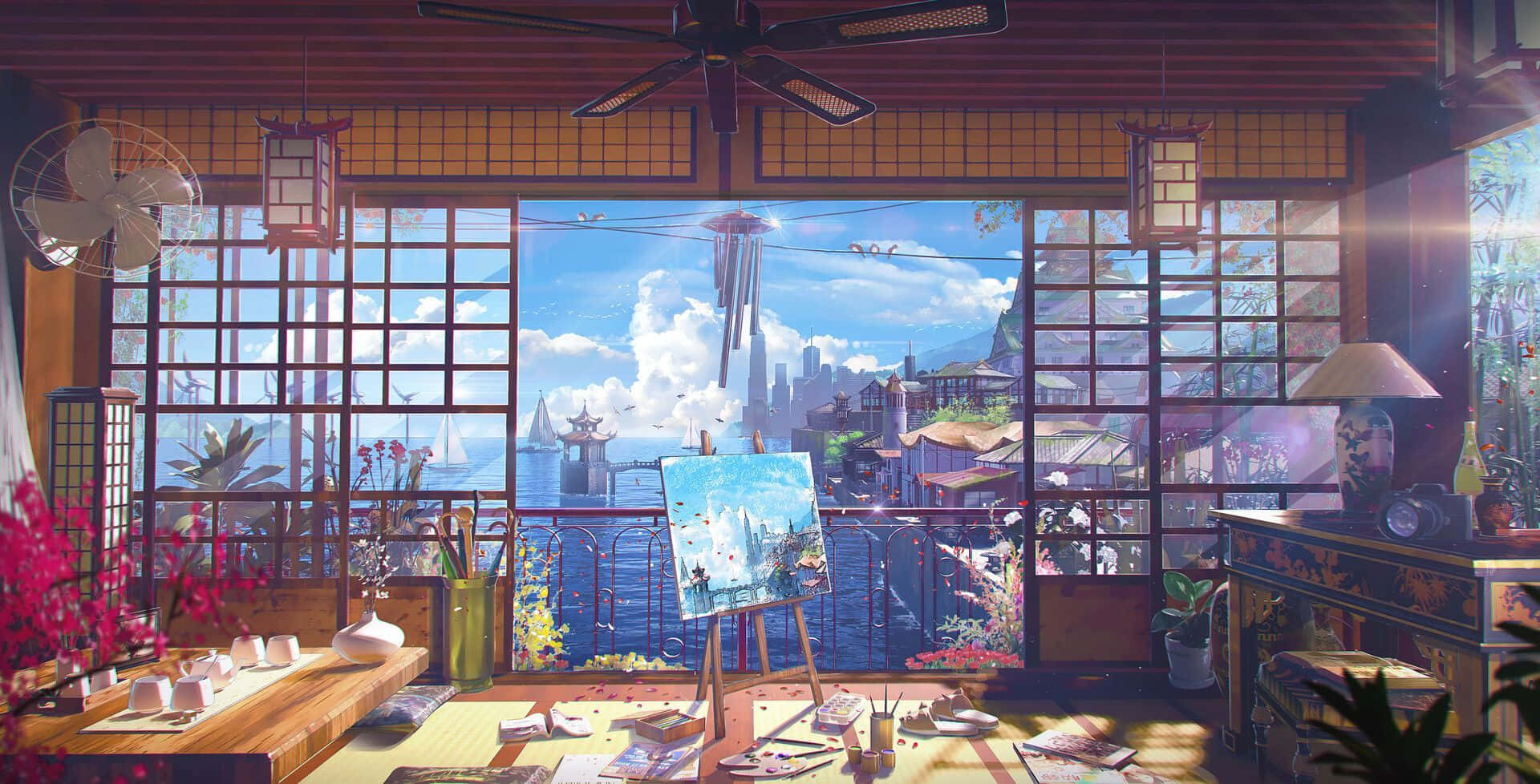 Japanese art studio with easel overlooking coastal city at sunset. — Cozy Anime Wallpaper