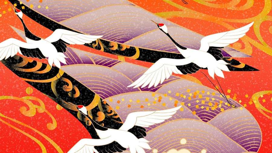 White cranes flying over stylized waves in a traditional Japanese illustration. — Crane Wallpaper