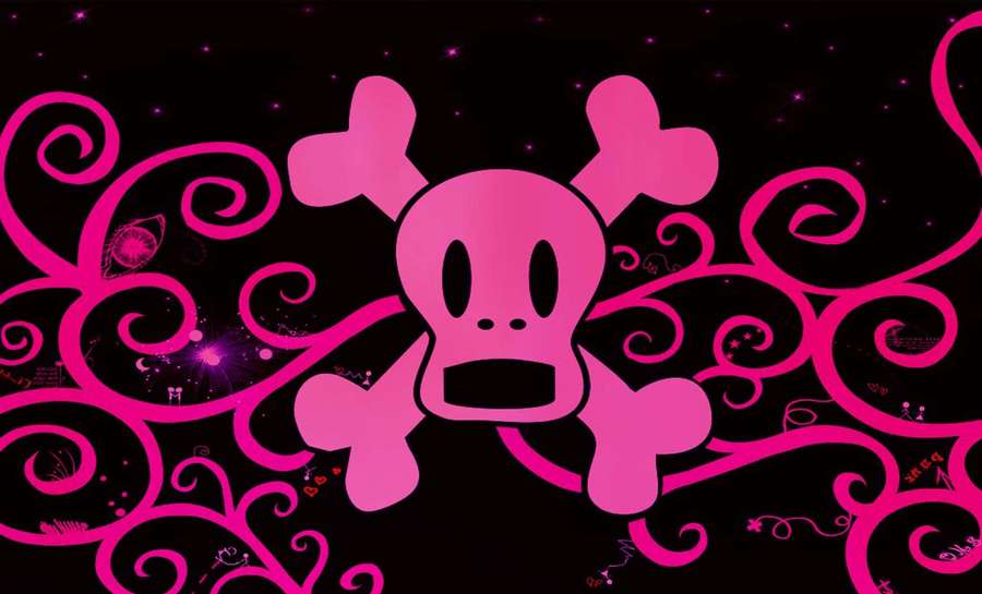 Calavera y tibias cruzadas rosas con enredaderas arremolinadas sobre un fondo negro estrellado. — Cráneo rosa Fondos de pantalla