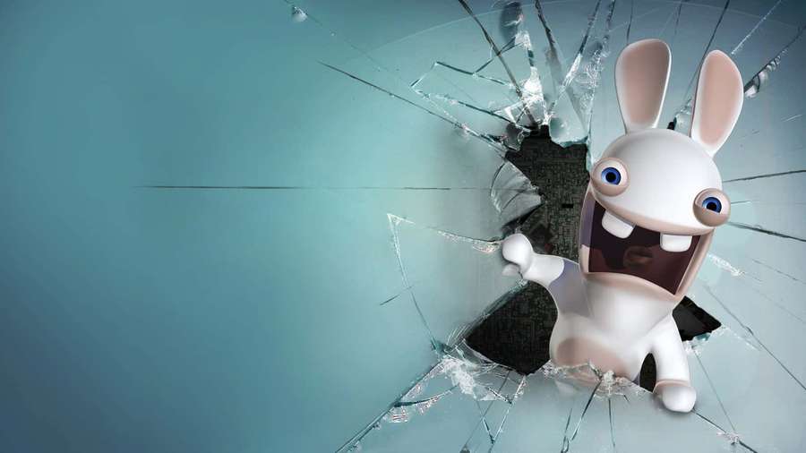 Cartoon rabbit breaking through glass with a grin. — Crazy Desktop Wallpaper