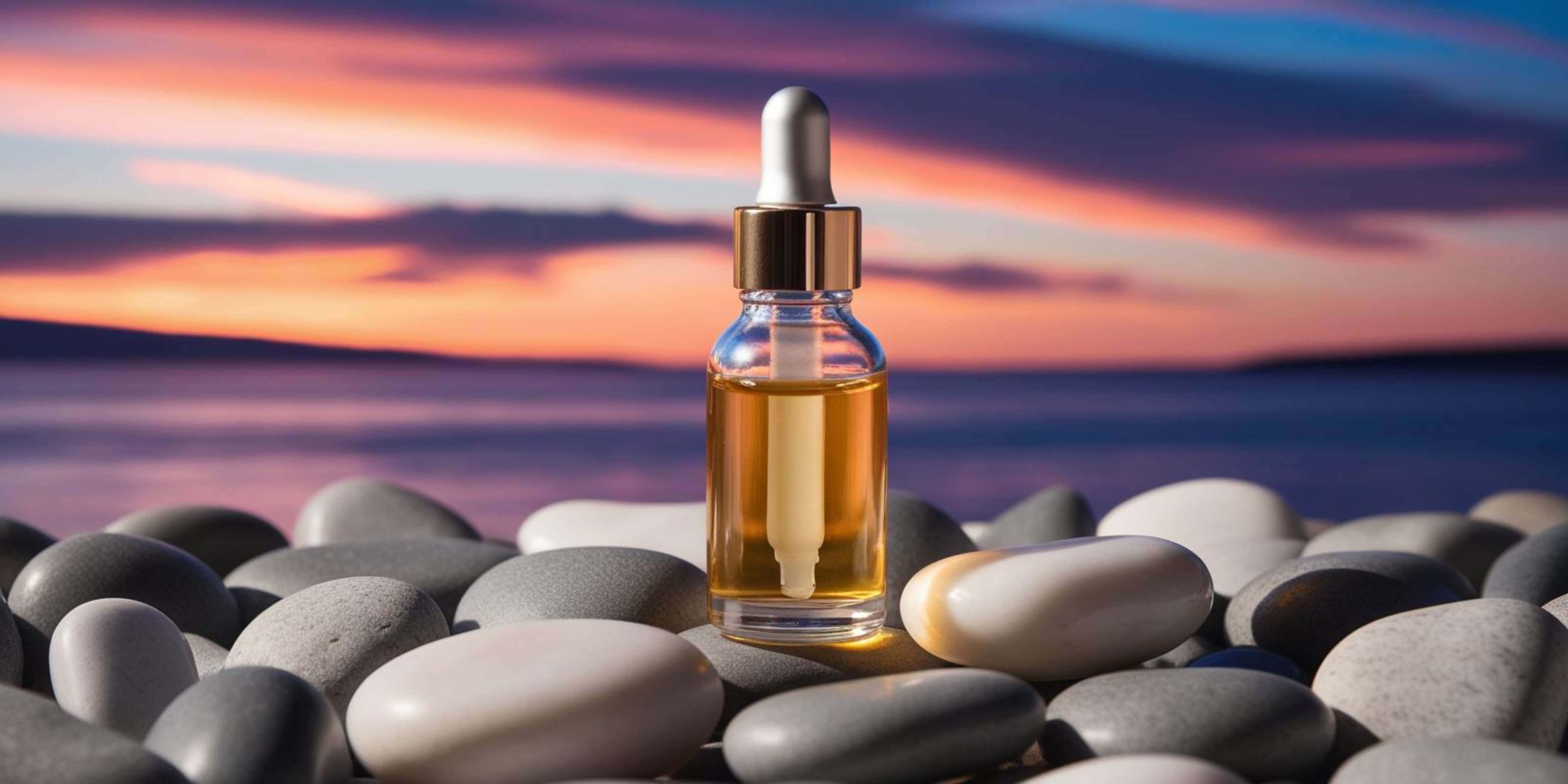 Glass serum bottle on river stones at sunset beach — Creative PNG