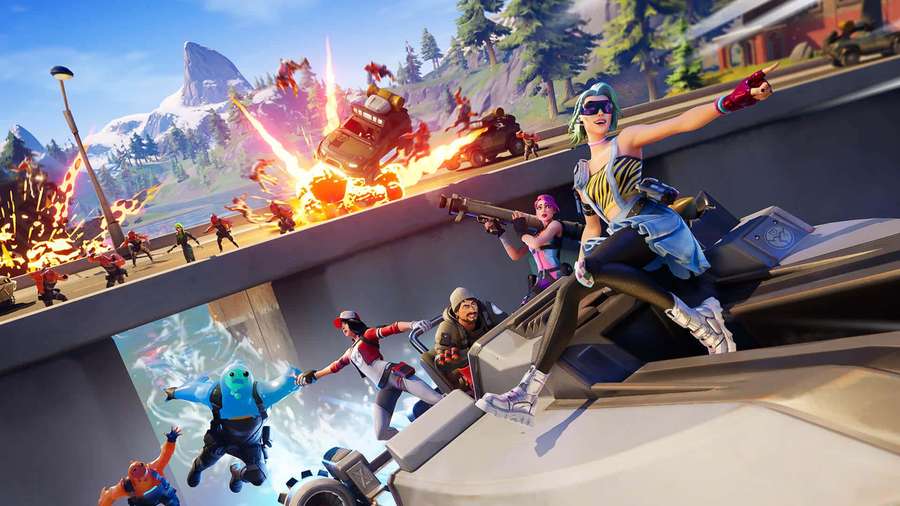 Fortnite-spillere kjemper på en snødekt bro med eksplosjoner og lava. — Creative Mode Bakgrunner