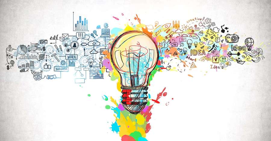A lightbulb exploding with colorful doodles and business icons representing creativity and innovation. — Creativity Picture
