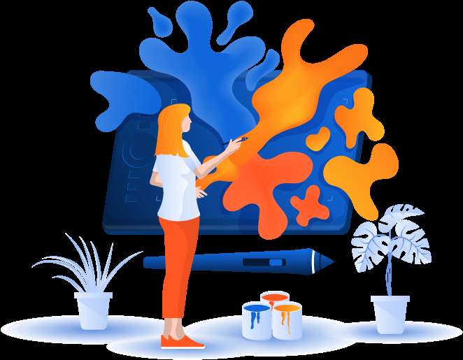 Woman painting colorful digital art with plants nearby. — Creativity PNG