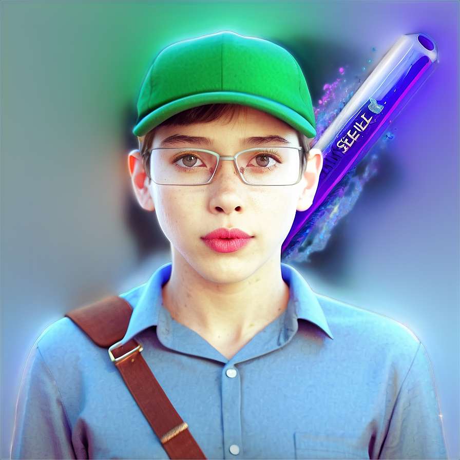 Young person in green cap and glasses holding glowing purple baseball bat with energy effects. — Creator PNG