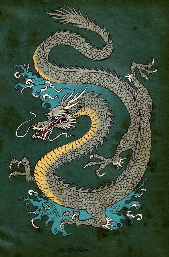 A stylized dragon with gray scales and gold accents amidst swirling blue clouds on a green backdrop. — Creatures Background