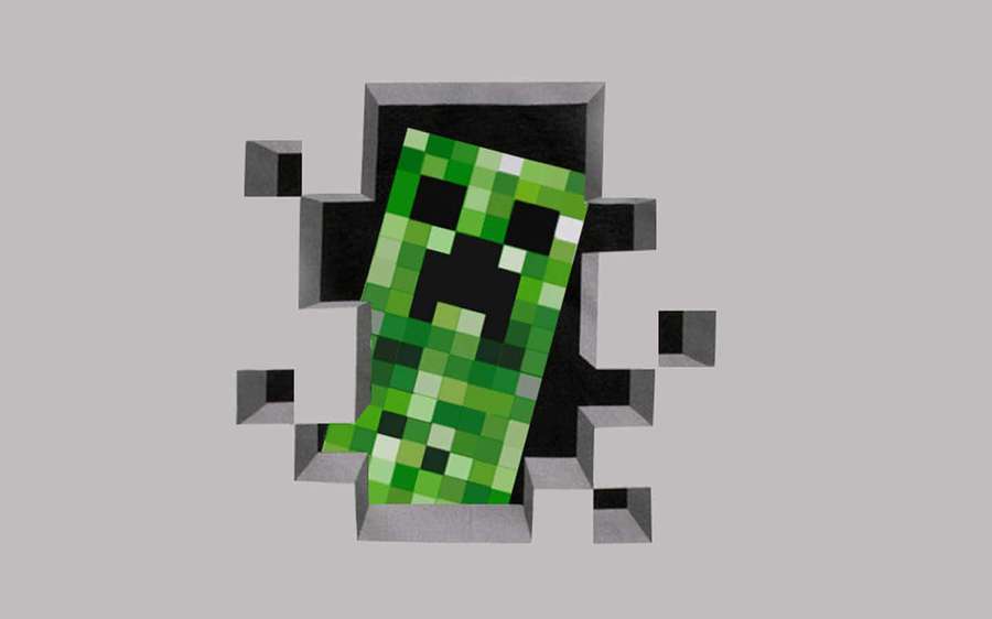 Vihreä pikselicreeper puhkaisee harmaan seinän. — Creeper Face Taustakuvat