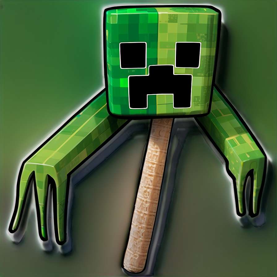 Green pixelated Minecraft creeper with glowing outline holding a wooden stick. — Creeper Face Picture