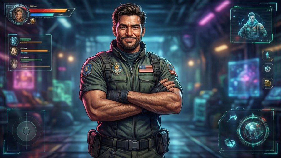 Crewmate in game-style pose with UI overlay, confident and game-ready. — Crewmate Wallpaper