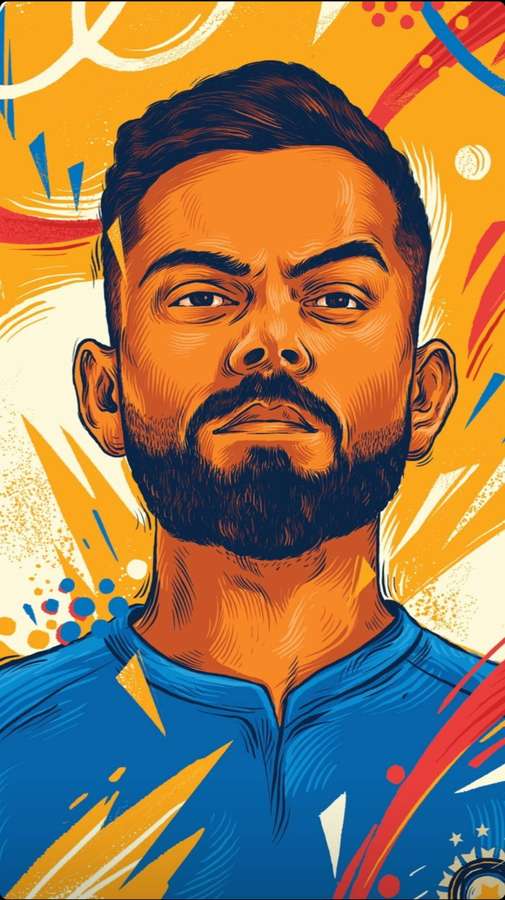 Stylized illustration of cricketer Virat Kohli in blue jersey against colorful abstract background. — Cricket 4K Wallpaper