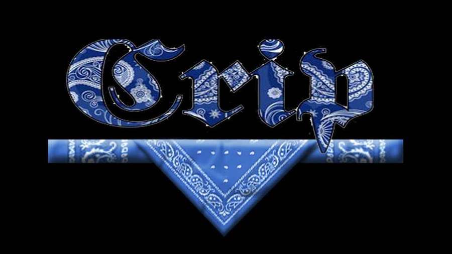 Blue paisley text logo with bandana graphic on black background — Crip Background