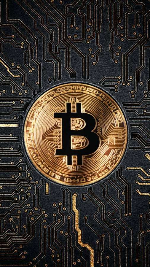 Moeda dourada de Bitcoin sobre uma placa de circuito preta com caminhos dourados. — Criptografia Papéis de Parede