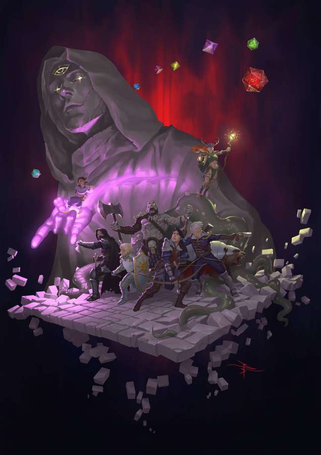 Fantasy adventurers battle a giant hooded figure amid floating dice and crumbling stone. — Critical Wallpaper