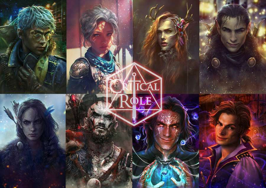 Eight diverse fantasy characters from Critical Role in dramatic digital illustrations. — Critical Role Wallpaper
