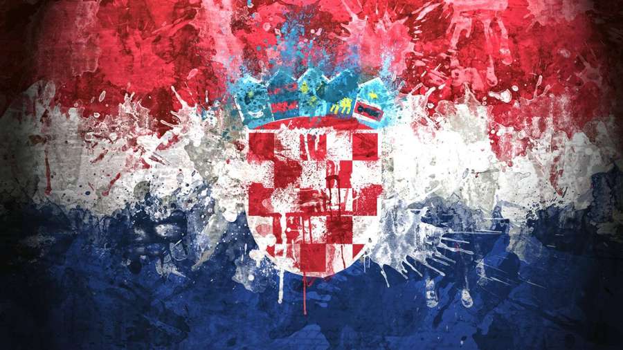 Bandera croata pintada en audaz estilo graffiti con salpicaduras y un escudo central. — Croacia Fondos de pantalla