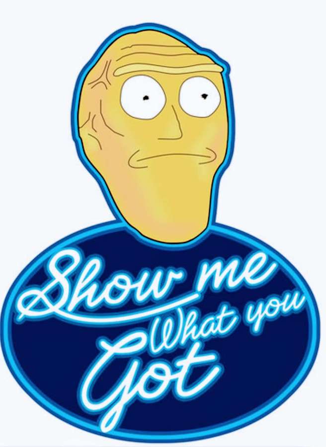 Sarjakuvamainen peruna, jolla on sininen neonkyltti, jossa lukee 'Show me What you Got'. — Cromulonit Taustakuvat