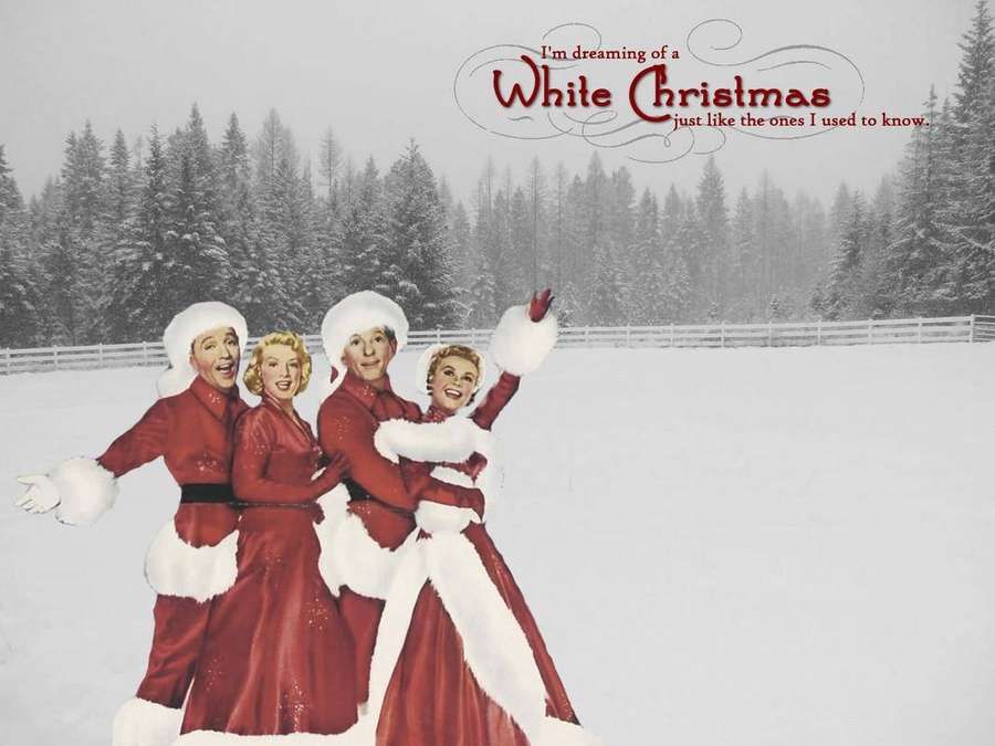 Four people in festive red and white costumes dancing in a snowy field. — Crosby Background