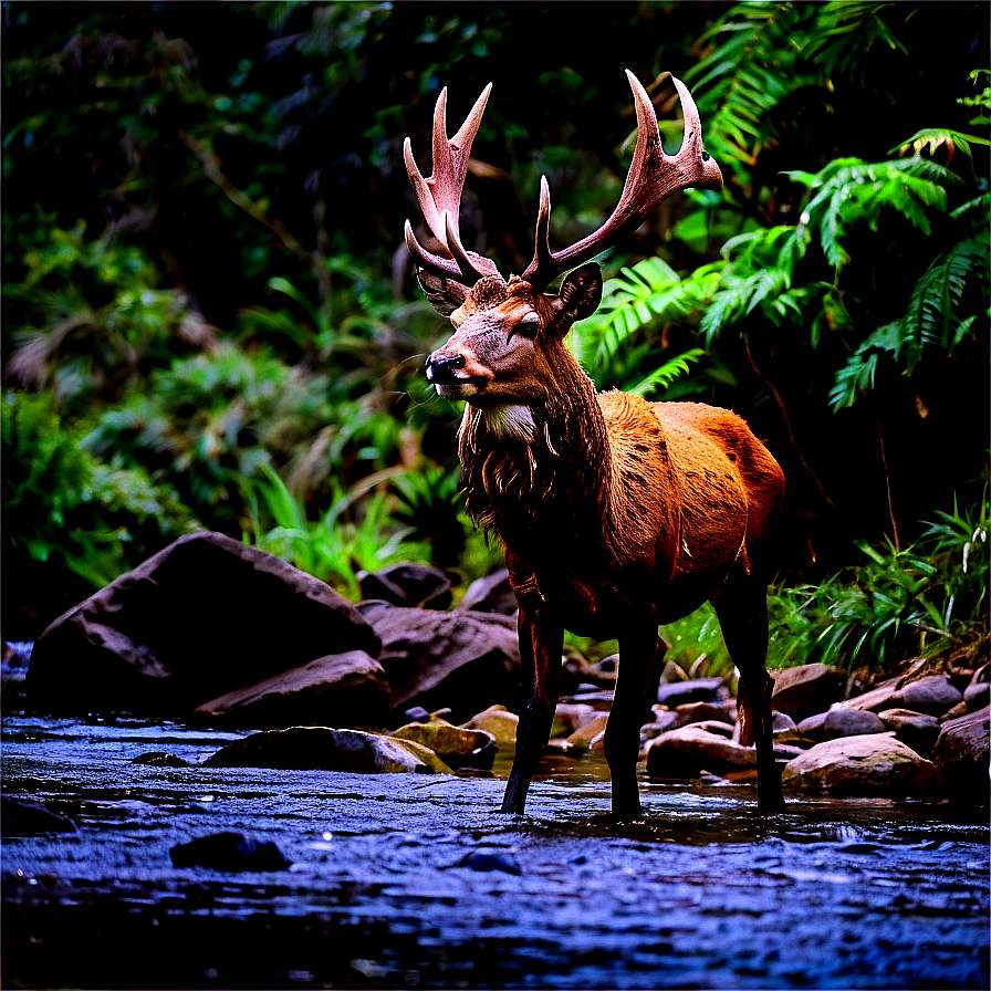 A large antlered stag standing in a forest stream with ferns and rocks. — Crossroad PNG