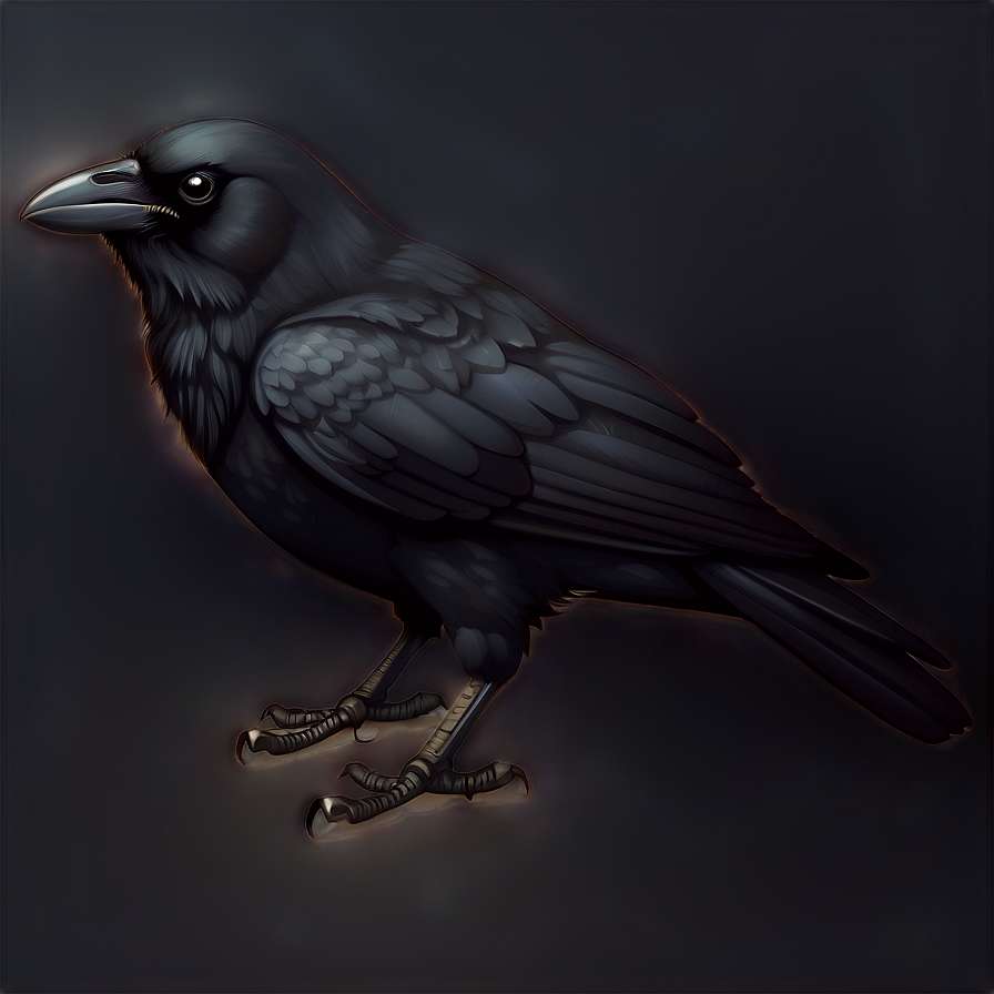 A black crow with glowing eyes and detailed feathers on a dark background. — Crow PNG
