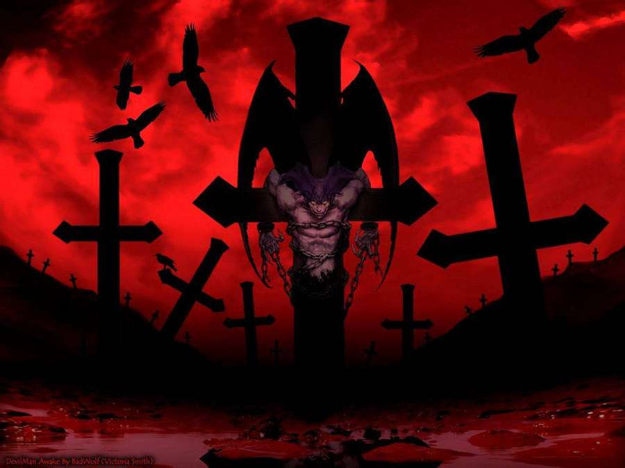 Demonic figure chained to a cross in a blood red graveyard with flying crows. — Crybaby Wallpaper