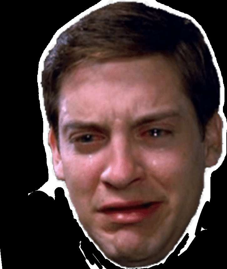 A man crying with tears on his face against a black background. — Crying Meme PNG