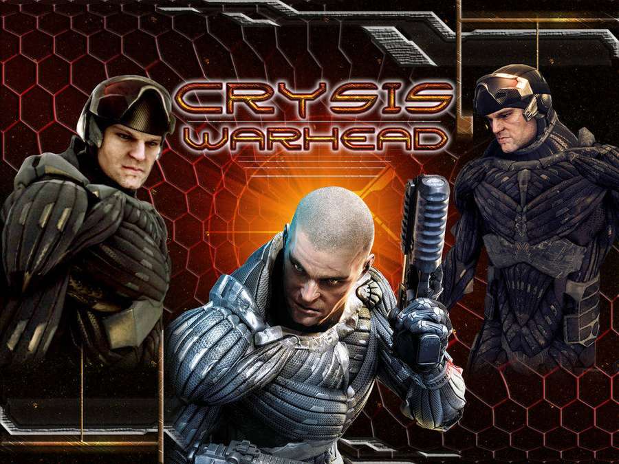 Kolme sotilasta futuristisissa haarniskoissa poseeraa Crysis Warhead -pelin kannessa. — Crysis Warhead Taustakuvat