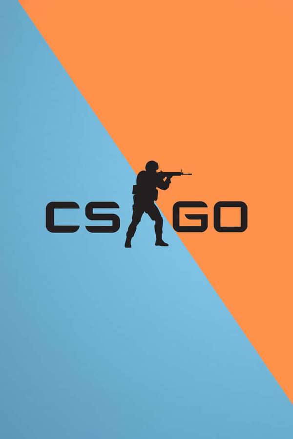 Svart soldatsilhuett som holder rifle mot blå og oransje bakgrunn med CS GO-tekst. — Cs Go Mobile Bakgrunner