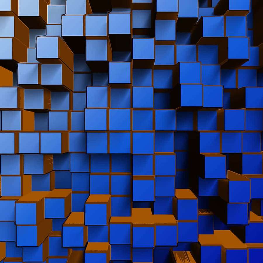 Pared de cubos 3D azules y naranjas con sombras nítidas y profundidad geométrica. — Cuadrado Abstracto Fondos de pantalla