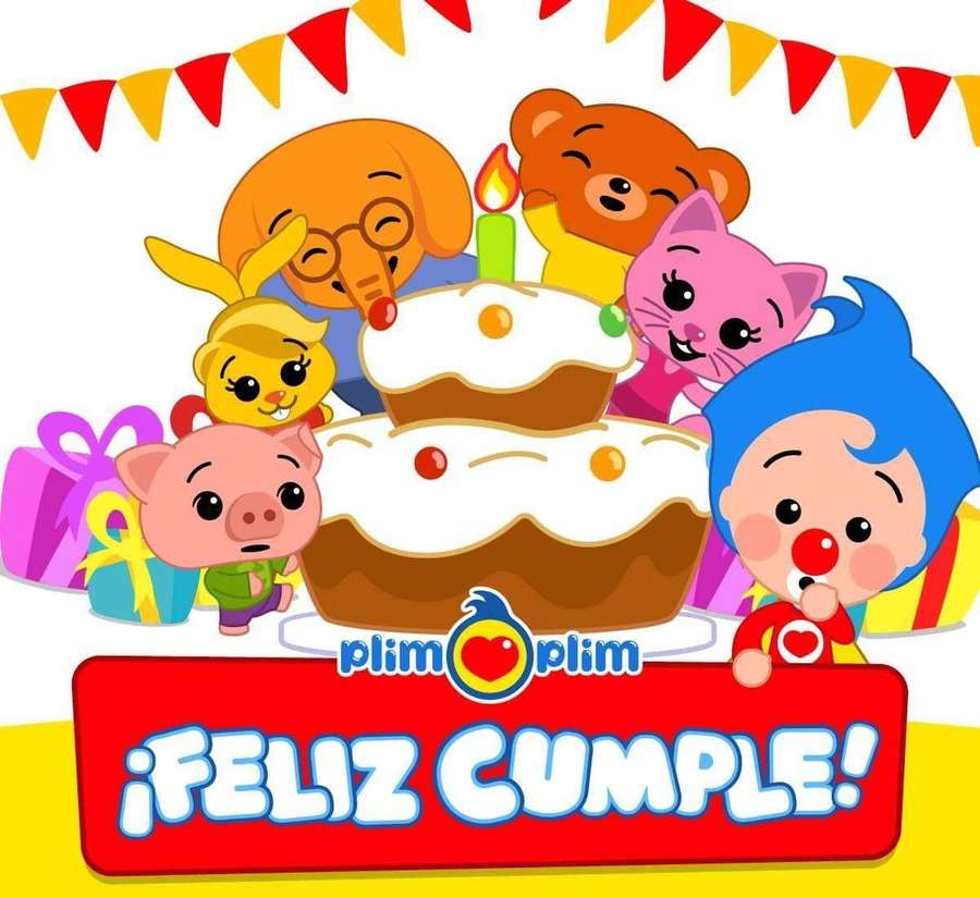 Animales de dibujos animados se reúnen alrededor de una tarta de cumpleaños con regalos y guirnaldas. — Cumpleaños Fondos de pantalla
