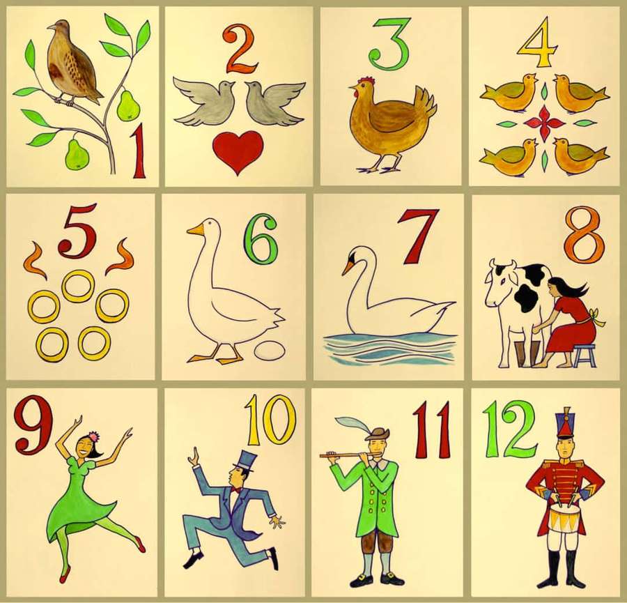 Twelve illustrated panels showing numbers one through twelve with matching whimsical subjects. — Cumulative Picture
