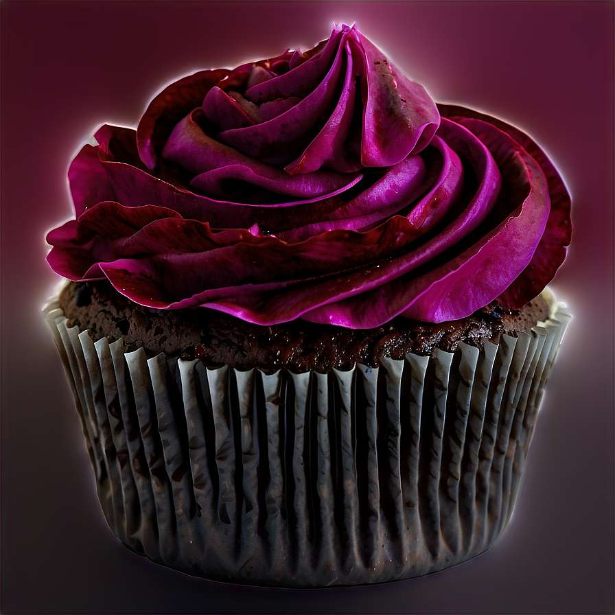 A chocolate cupcake with magenta frosting glowing in dark background — Cupcake PNG