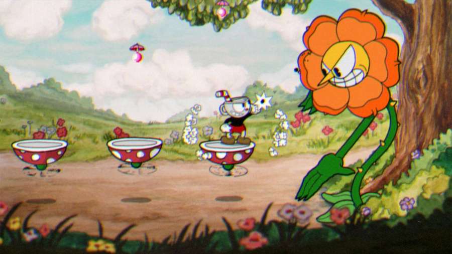Cuphead auf einer sich drehenden Untertasse, einer grinsenden orangefarbenen Blume auf einer grasbewachsenen Wiese gegenüberstehend. — Cuphead Bilder