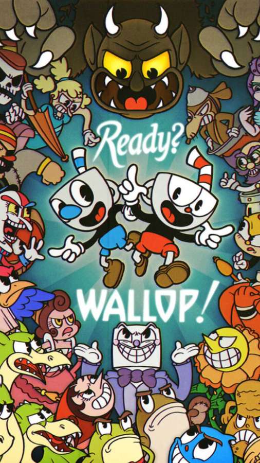 Twee kopkarakters omringd door boze cartoonschurken met de tekst 'Ready? WALLOP!'. — Cuphead Achtergronden