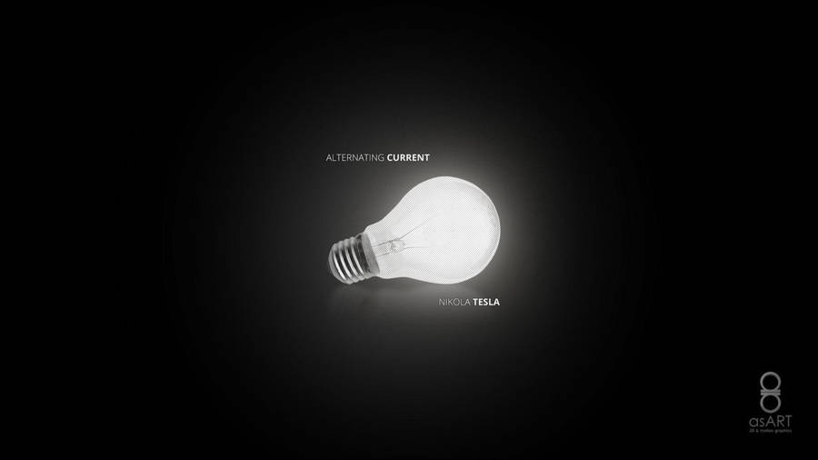 En glödande glödlampa med texten växelström och Nikola Tesla på en mörk bakgrund. — Nuvarande bakgrund Bakgrundsbilder