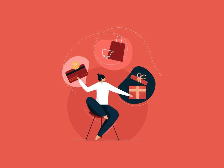 Person seated with floating shopping and gift icons in minimalist digital illustration. — Customer Wallpaper