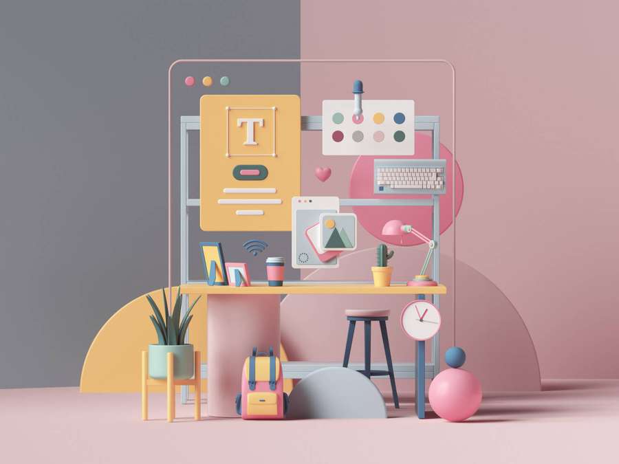 Minimalist 3d-rendered desk with computer lamp and backpack in pastel colors. — Cute 3d Phone Wallpaper