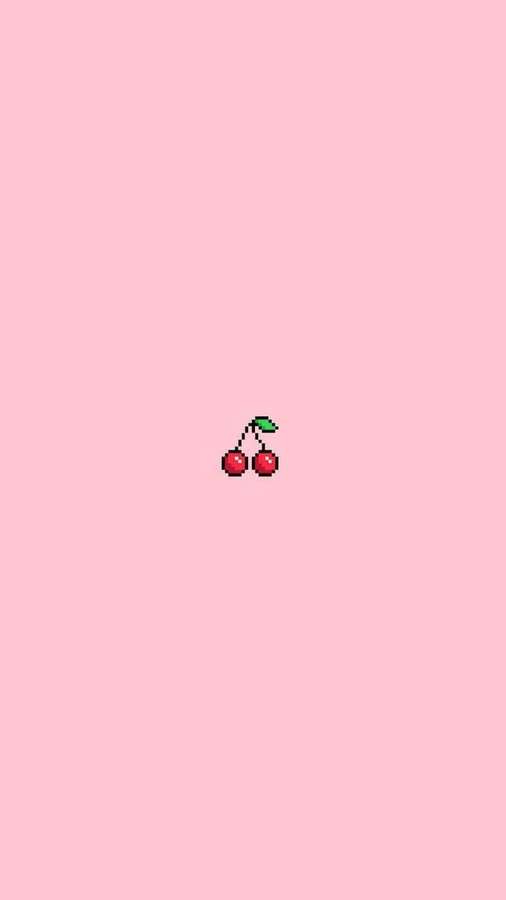 Pixelated cherry with green leaf on pink background — Cute And Pink Wallpaper