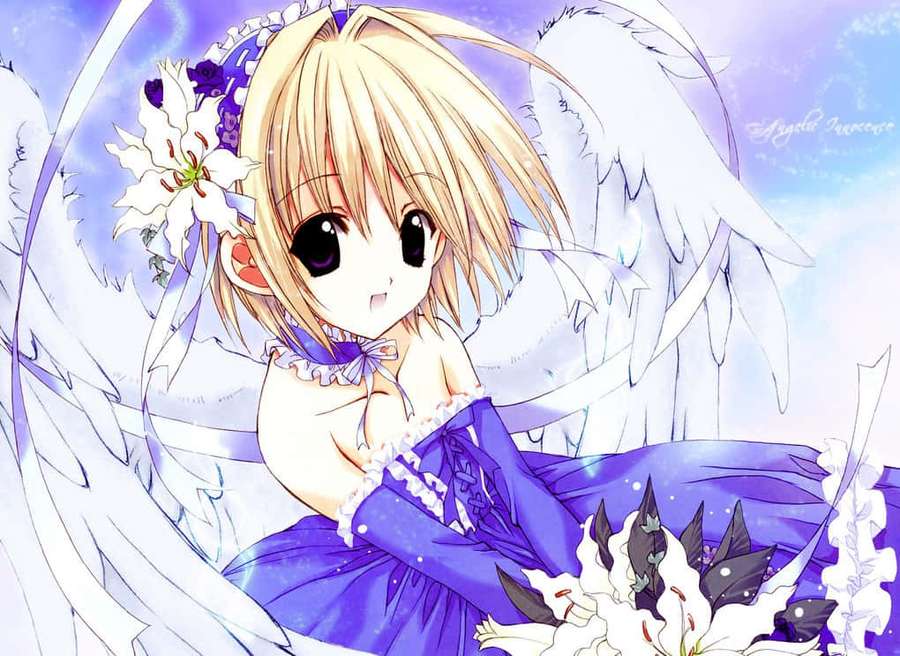 Anime angel girl with blonde hair and white wings in a purple dress holding white lilies. — Cute Angel Wallpaper