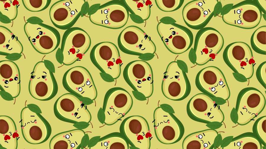 Repeating cute avocado characters with cherry kisses on a green background. — Cute Avocado Background